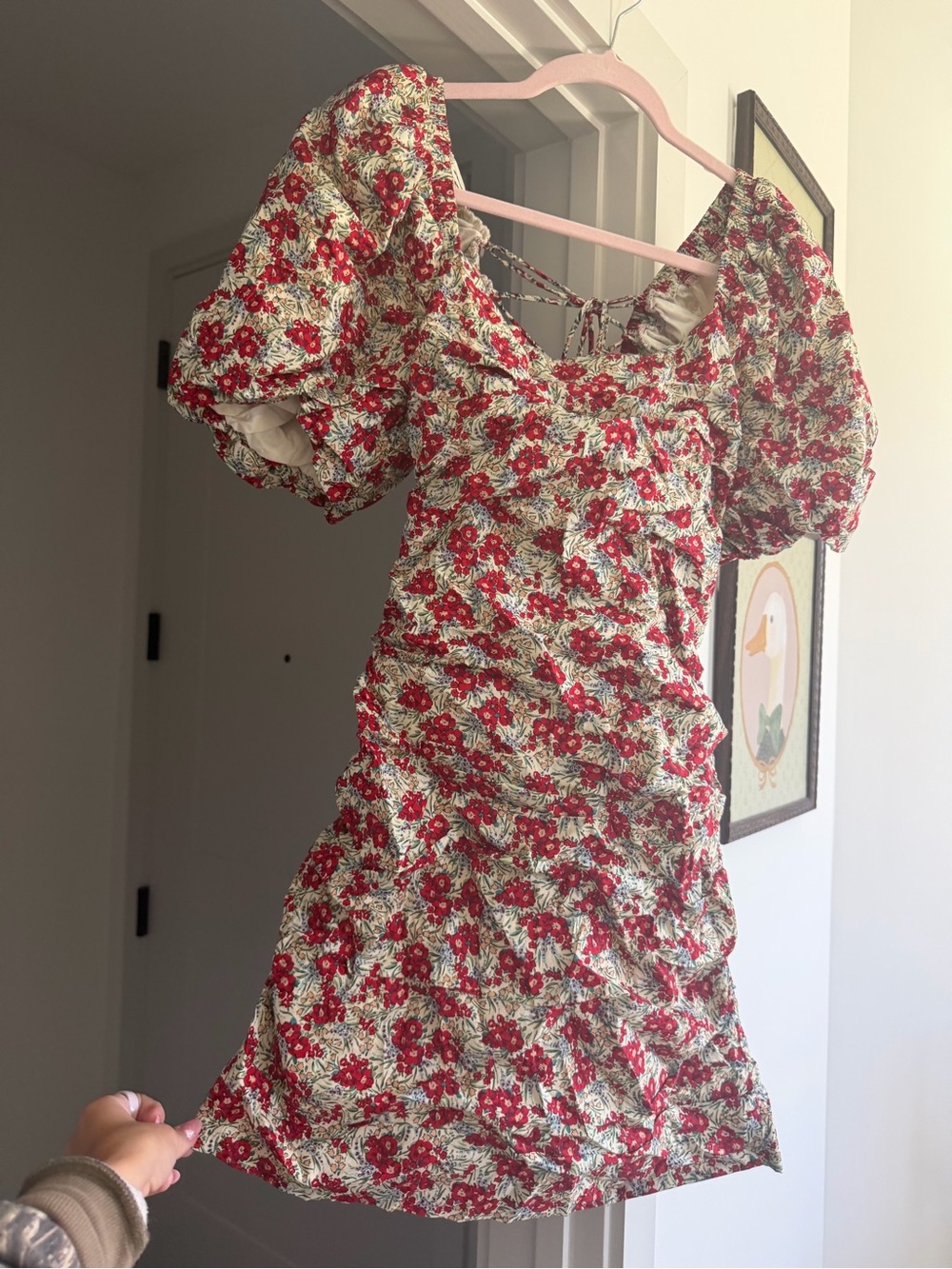 Floral Red Puff-Sleeve Mini Dress